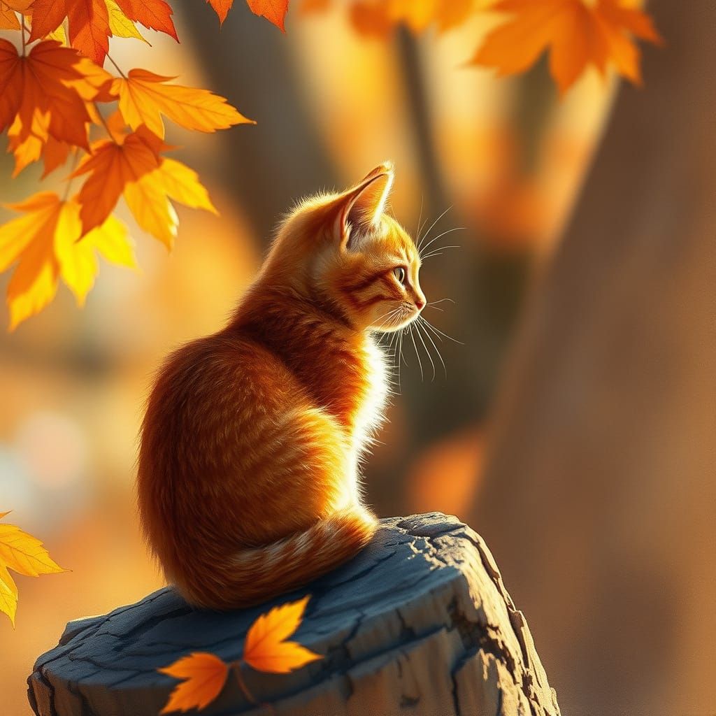 Whimsical Autumn Cat on Tree Trunk in Impressionist Style