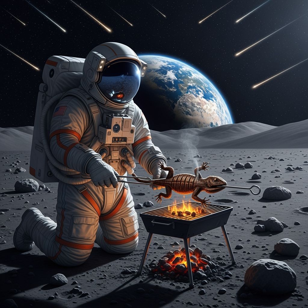 Astronaut Barbecues Alien Lizard Under Earthrise on Moon