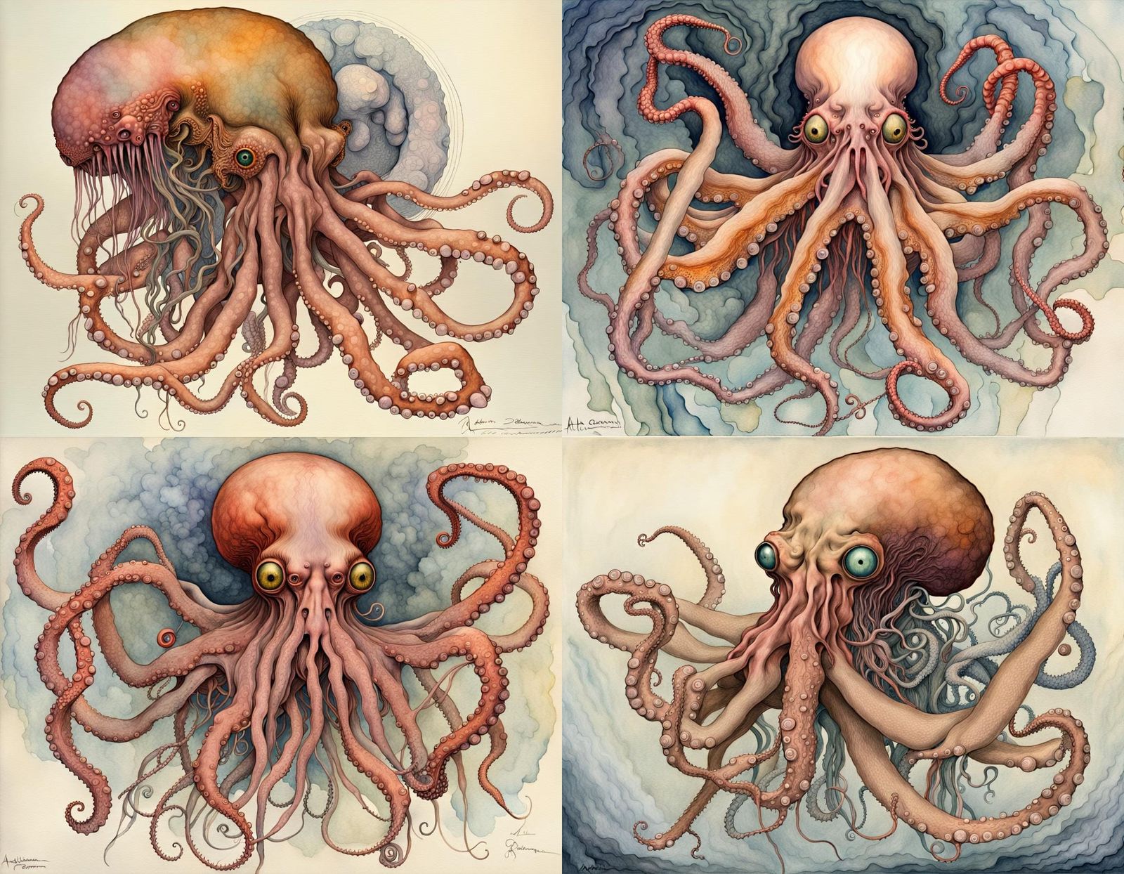 Surreal Octopus Jellyfish Horror Drawing in Watercolor