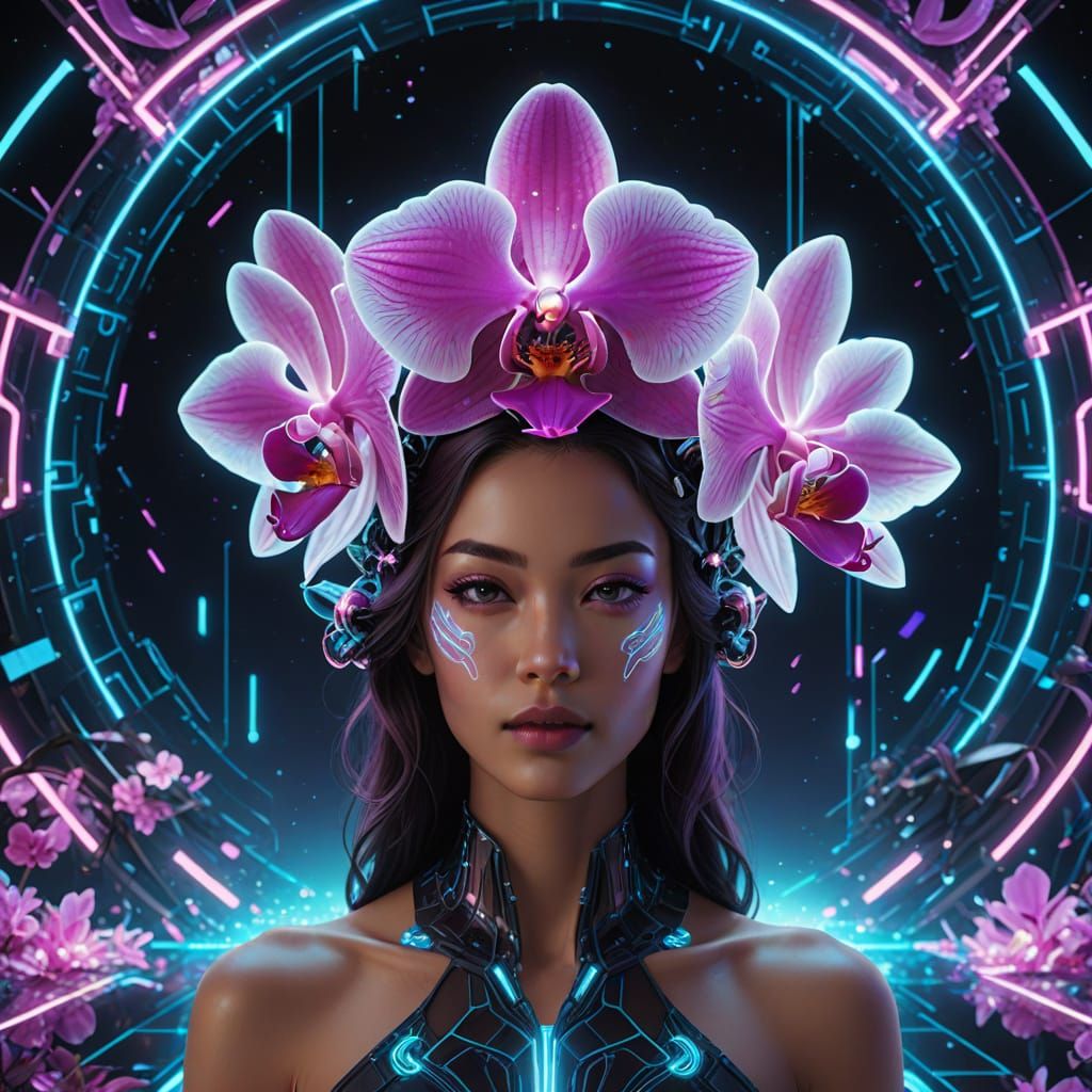 Bioluminescent Orchid in Cyberpunk Holographic Dreamscape