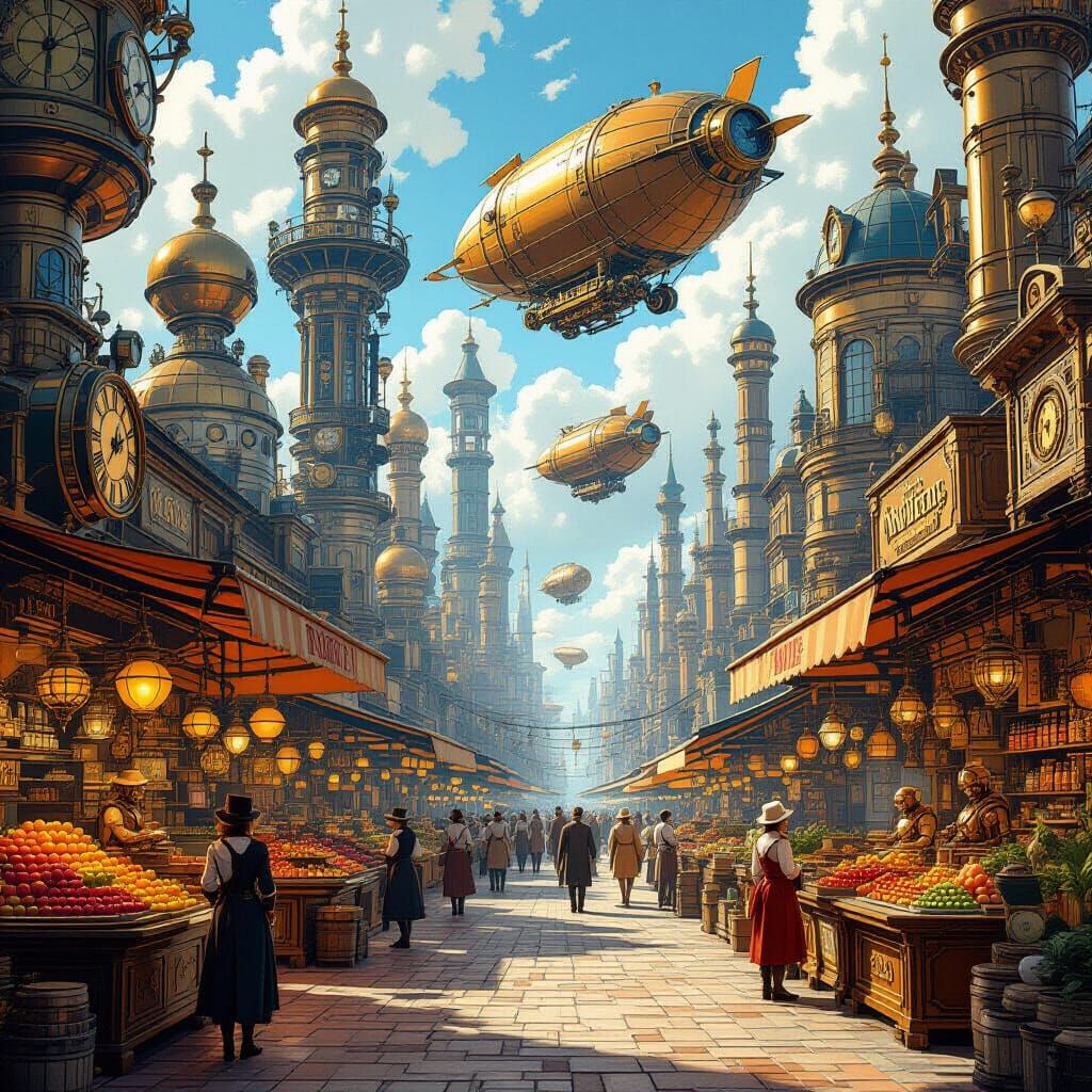 Steampunk Marketplace with Airships in Retro-Futuristic Styl...
