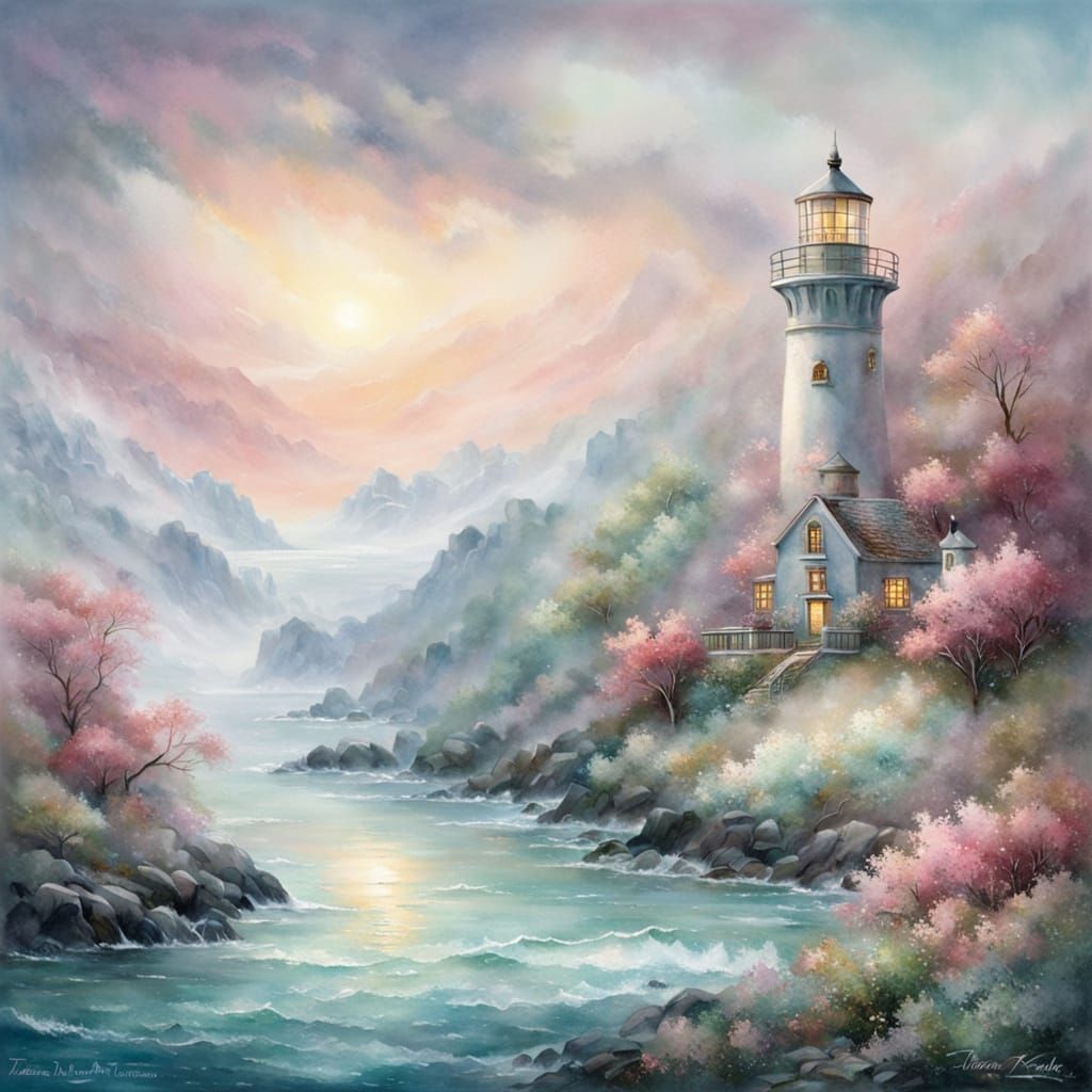 Dreamy Lighthouse Seascape in Pink, Teal, and Green