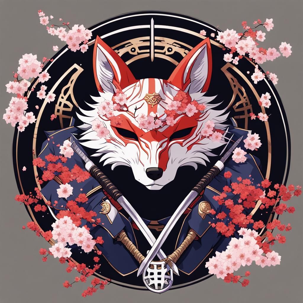 Dark Japanese Fox Mask with Samurai Swords