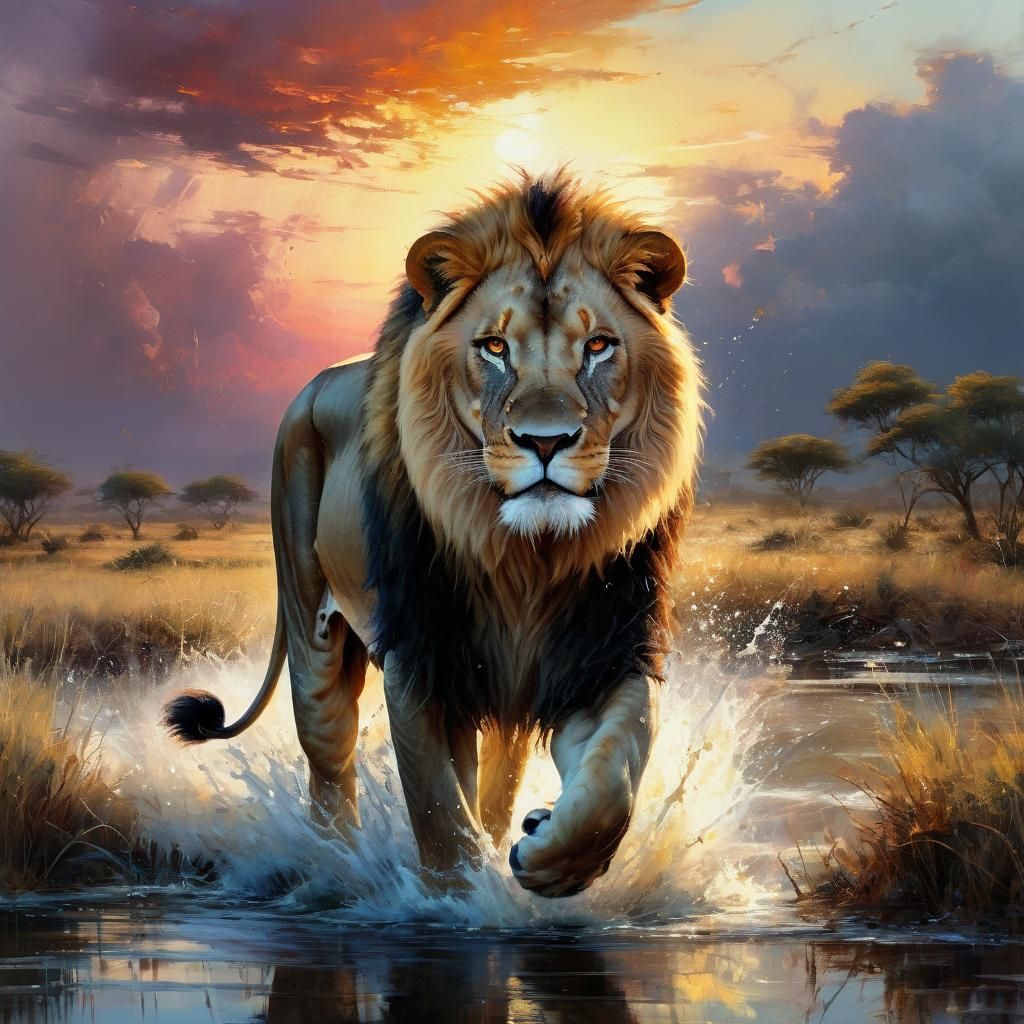 Majestic Lion in Watercolor Sunset Landscape