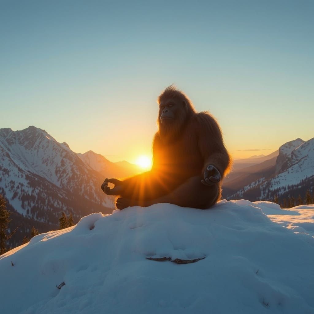 Bigfoot Meditating on Snowy Peak at Sunrise
