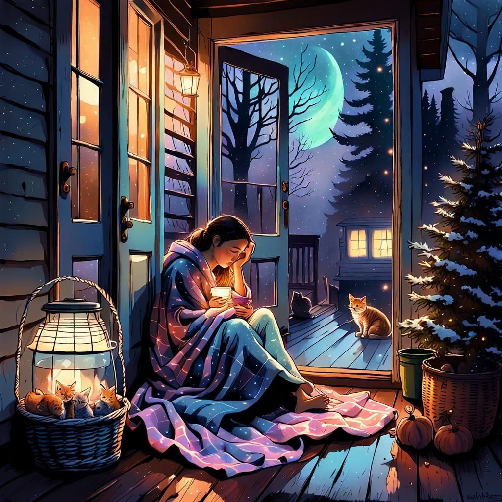 Girl with Kittens on Porch at Night, Watercolor Art