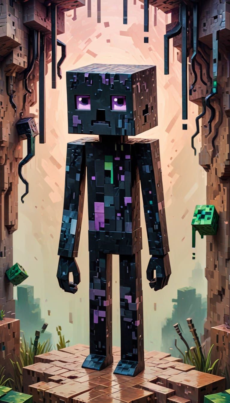 … (anamorphic MINECRAFT ENDERMAN) … (blocky MINECRAFT voxel fearsome) …