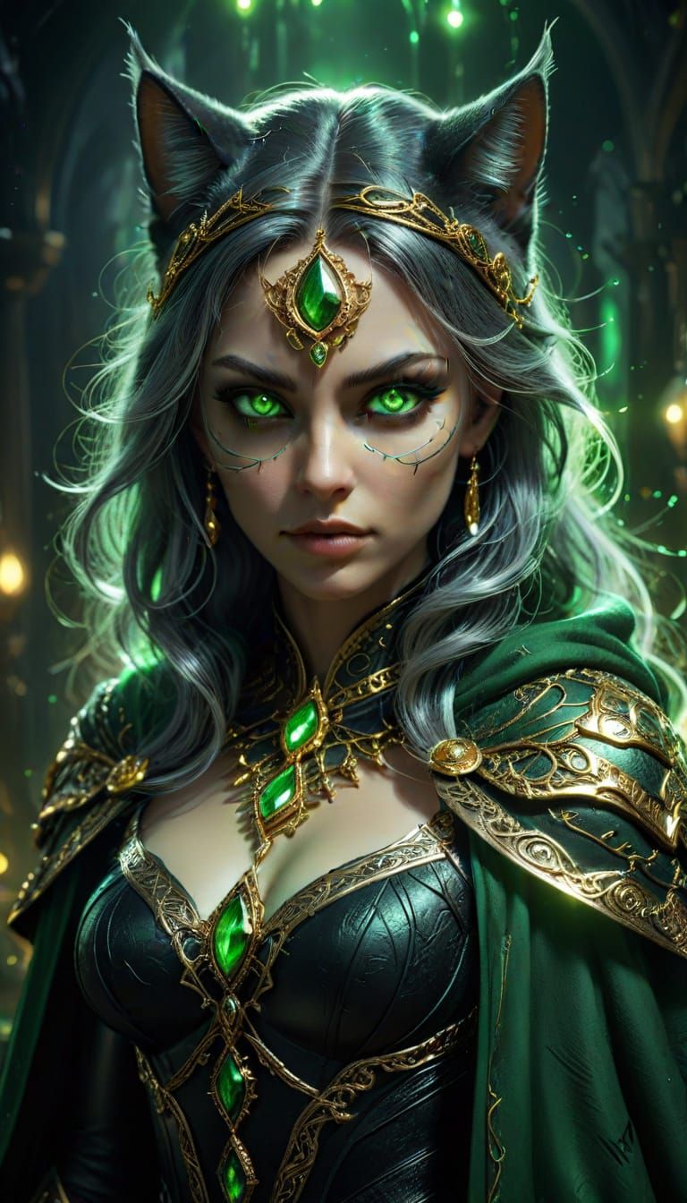 Enchanted Feline Sorceress in Golden Splendor