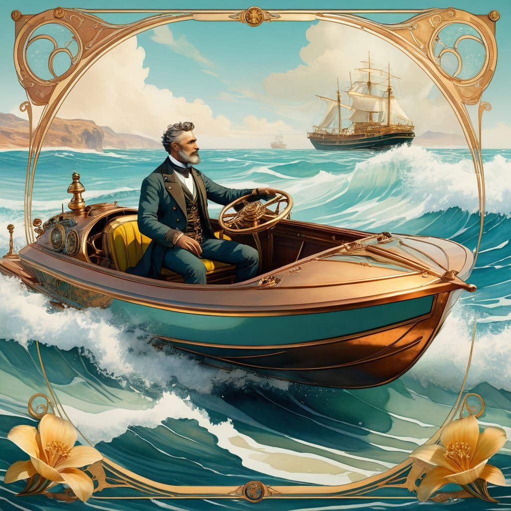 Art Nouveau Masterpiece: Whimsical Beach Scene with Steampun...