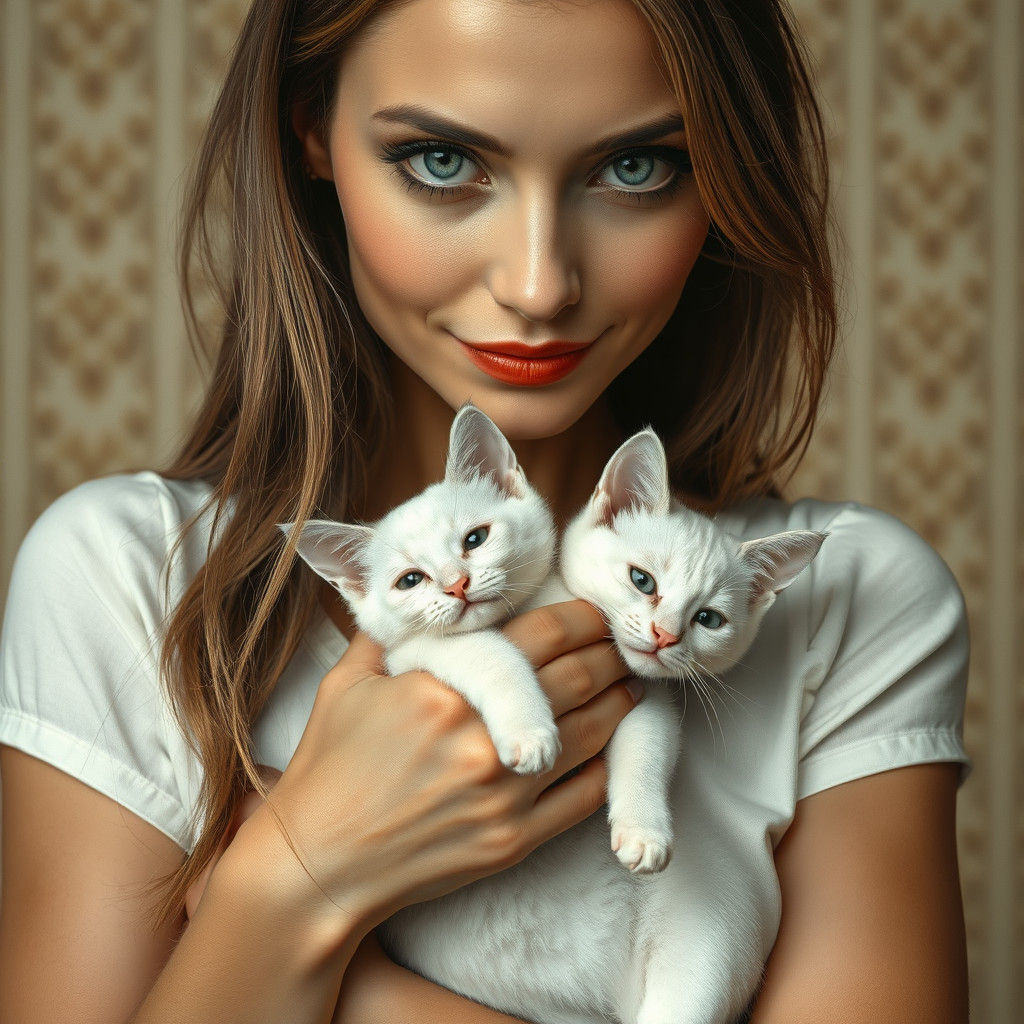Woman with Blue Eyes Holding Cat