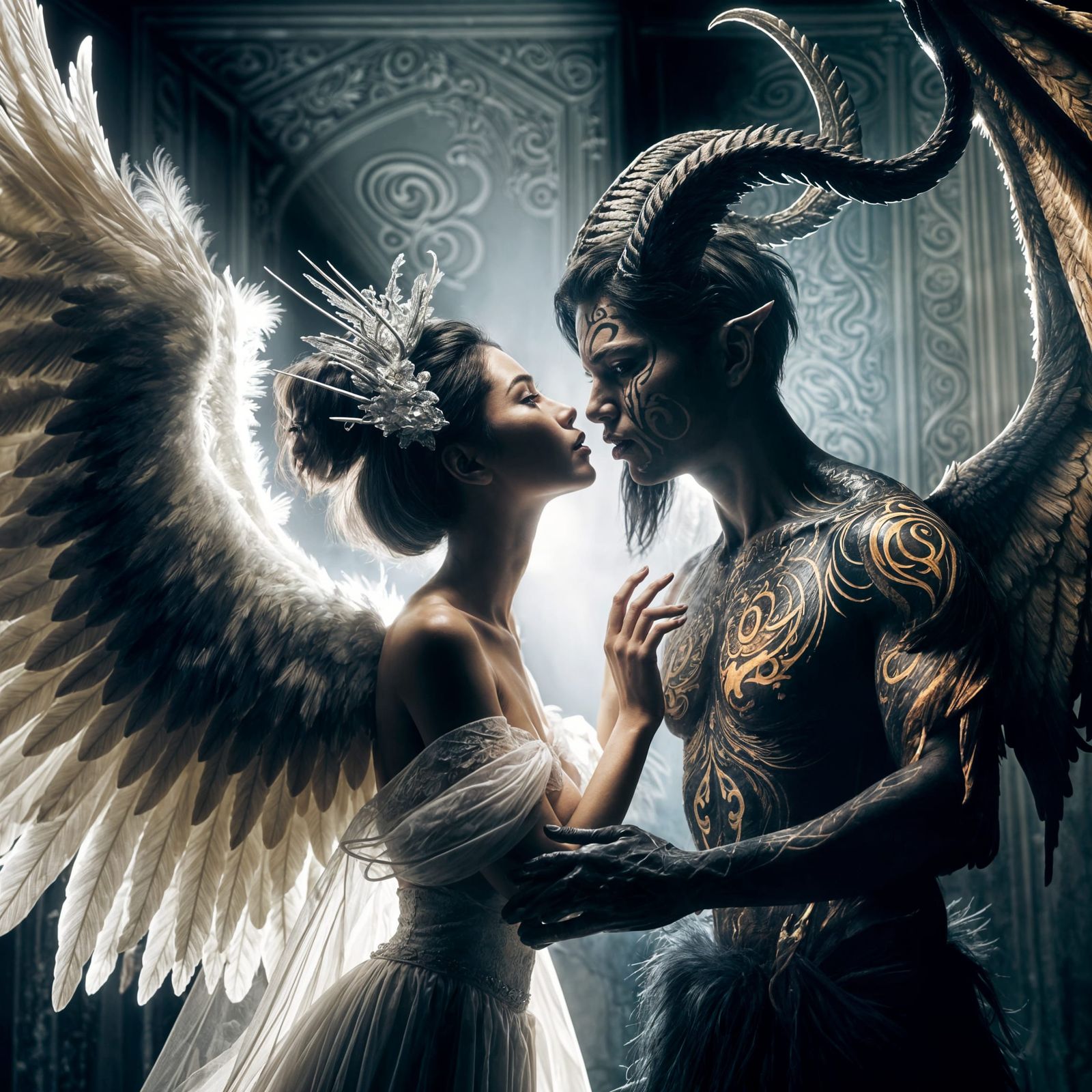 Angel and Demon Kiss in Gothic Setting