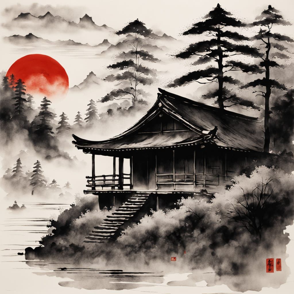 Japanese Cabin in Sumi-e Ink Wash Style