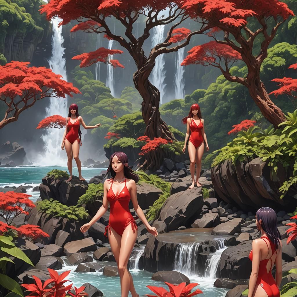 Women Admire Waterfall on Réunion Island in Anime Style