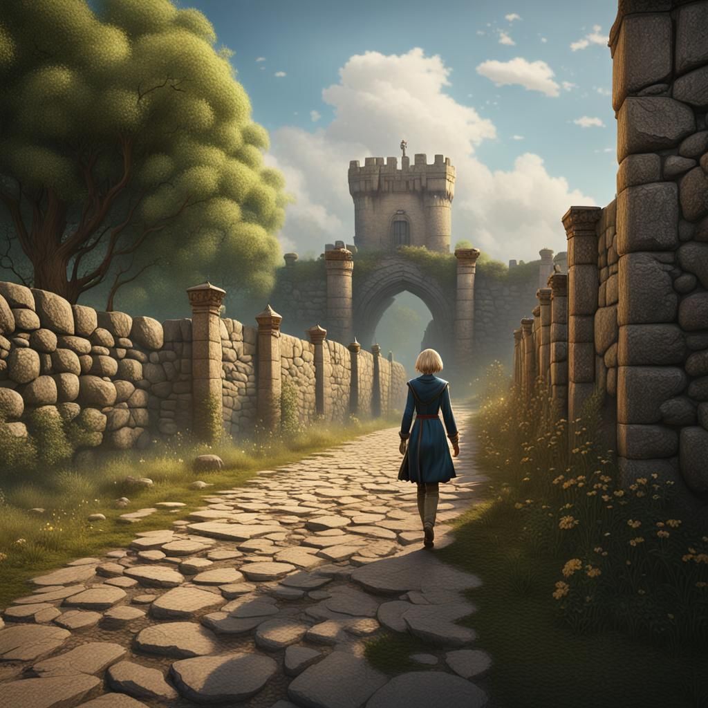 Woman Walks Path: Detailed Matte Painting