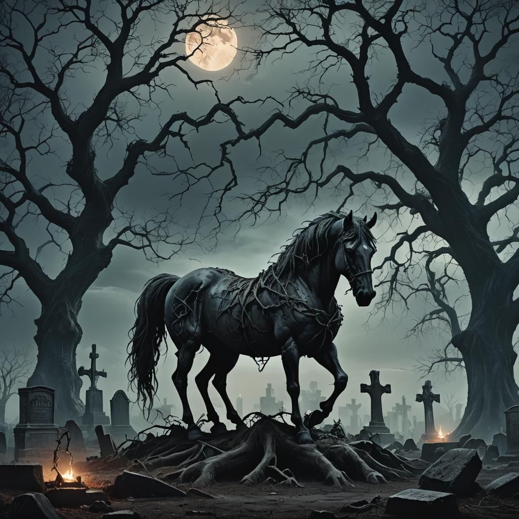 Nightmarish Horse in Gothic Graveyard: Dark Fantasy Art