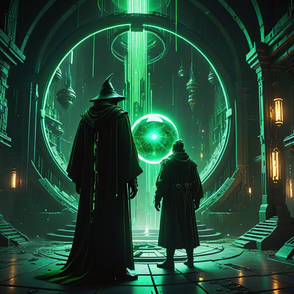 Cyberpunk Wizard Tower with Glowing Crystal Orb