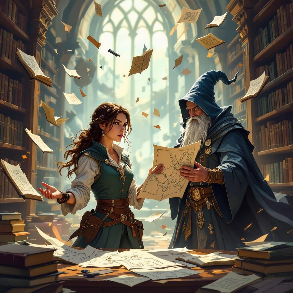 Calm Cartographer Faces Panicked Archmage in Chaotic Library