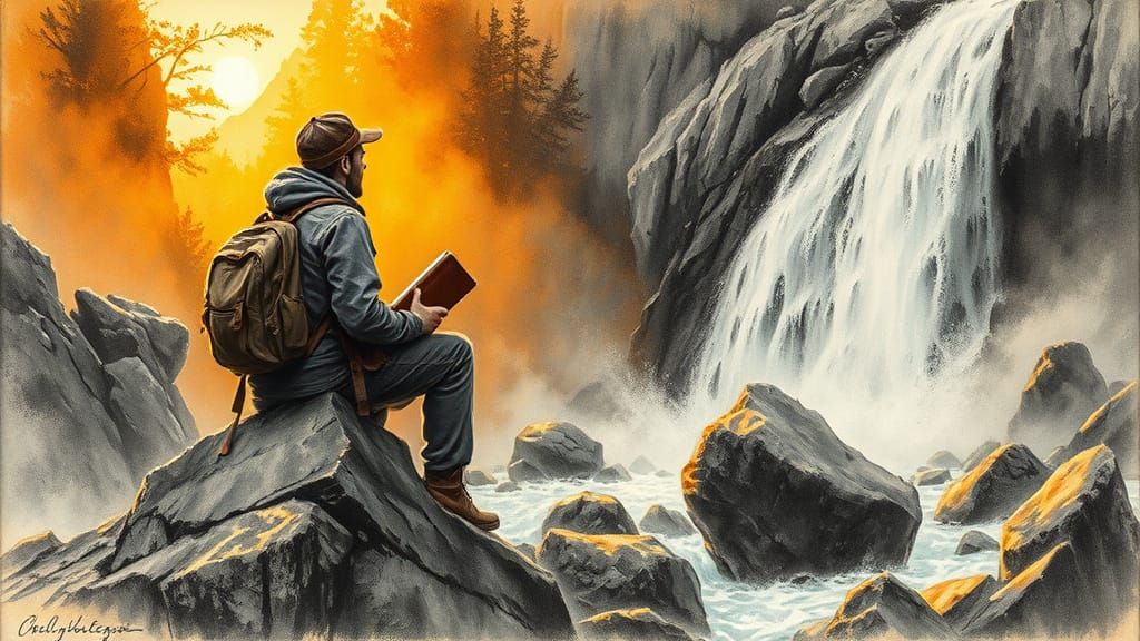 Lone Traveler by Autumn Waterfall: Charcoal Sketch