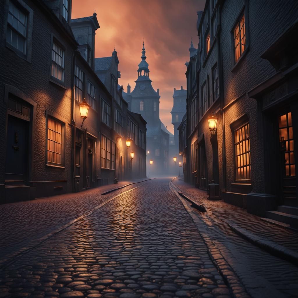 Dark Fantasy Street at Night with Ghostly Mist