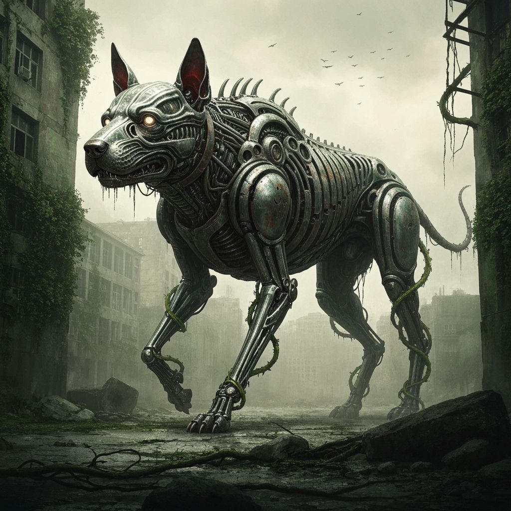 Biomechanical Dog in Post-Apocalyptic Cityscape