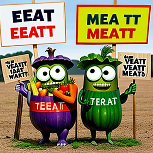 Vegetables Holding Signs Urging to Eat Meat