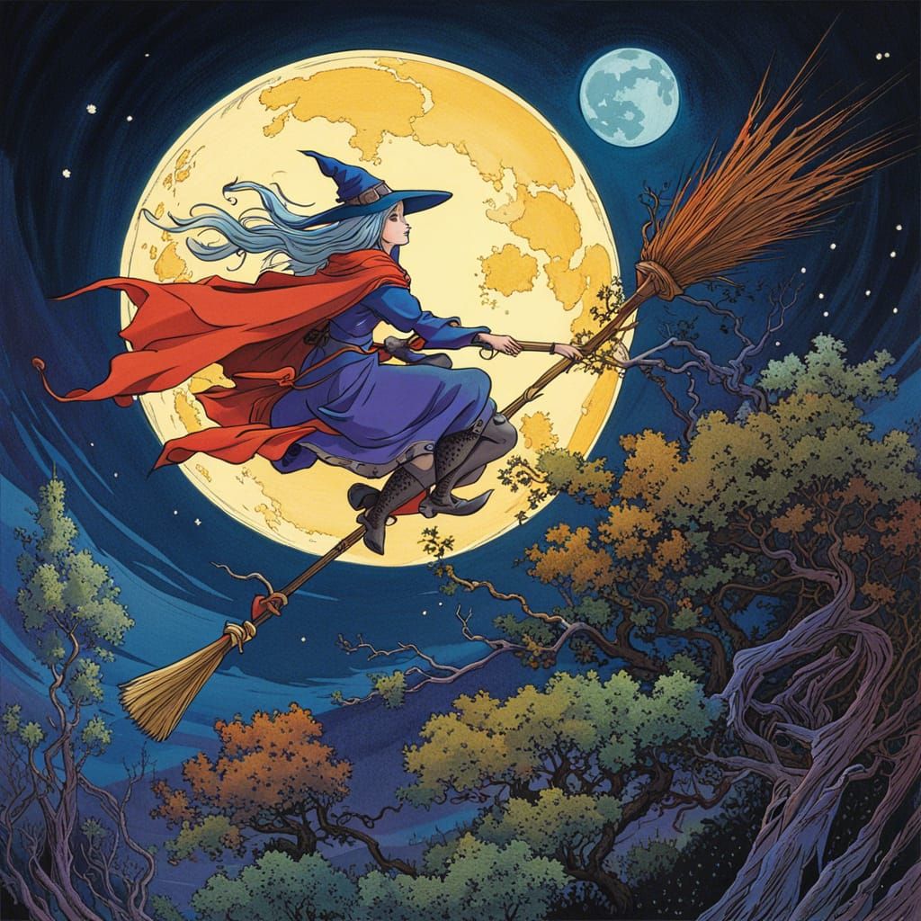 Anime Witch Rides Broom Under Full Moon