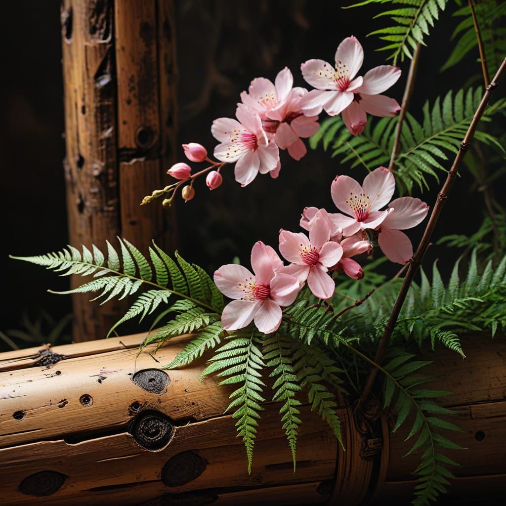 Vibrant Ikebana Arrangement in Japanese Ink Style