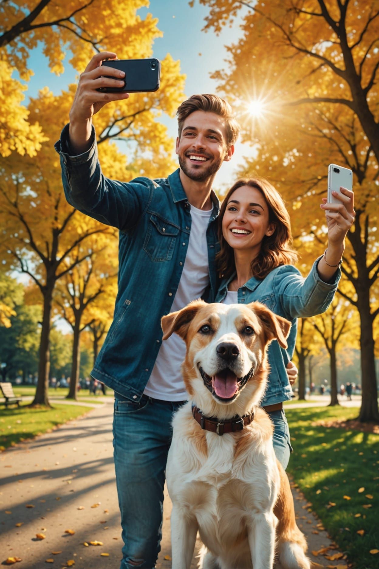 An illustration of a couple taking selfies in a park, with a...