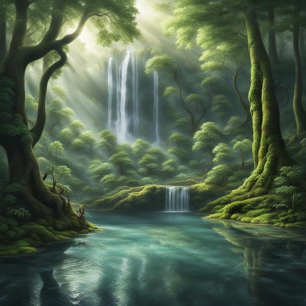 Serene Forest Pond with Waterfall: Digital Illustration