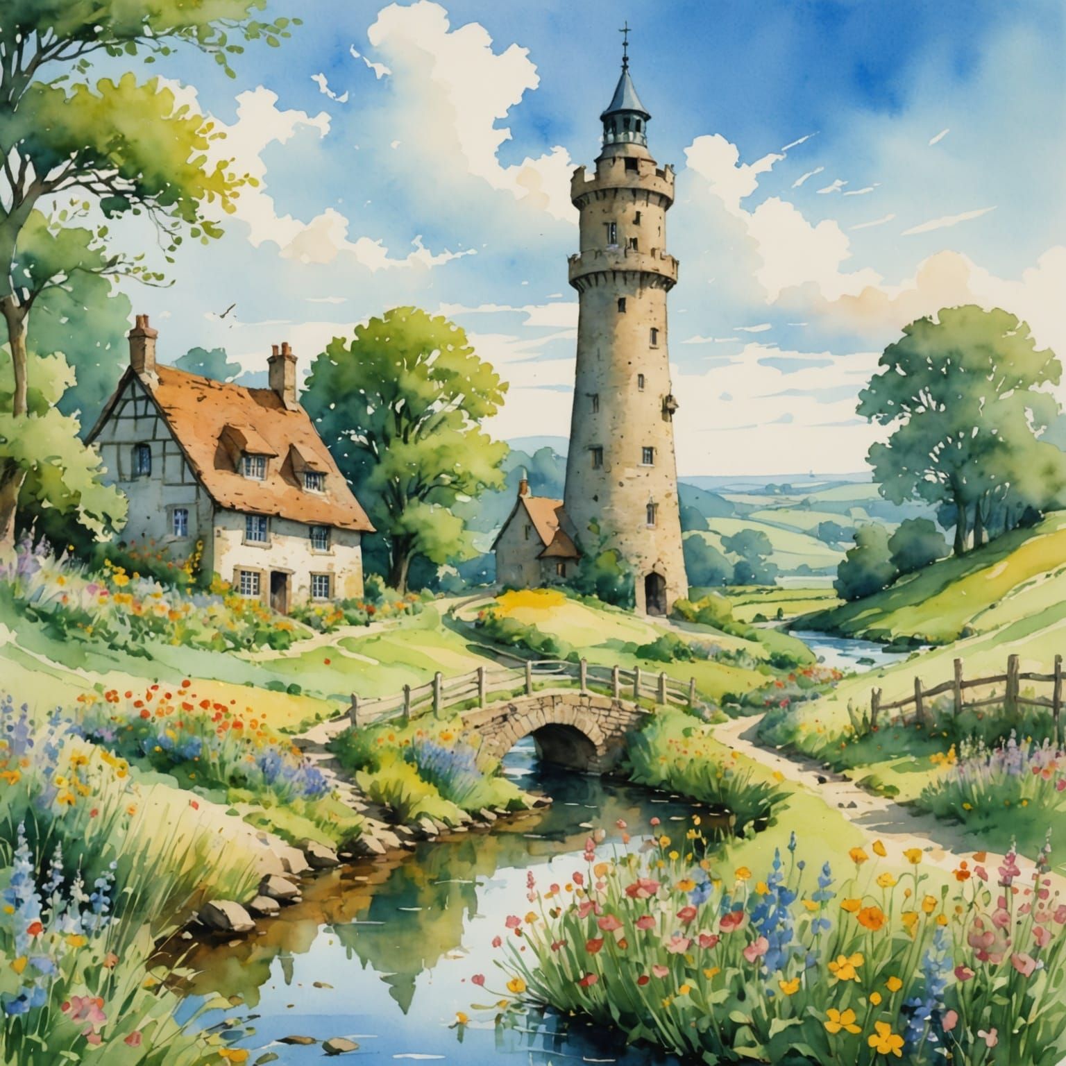 Watercolour Countryside Scene with Tower and Wildflowers