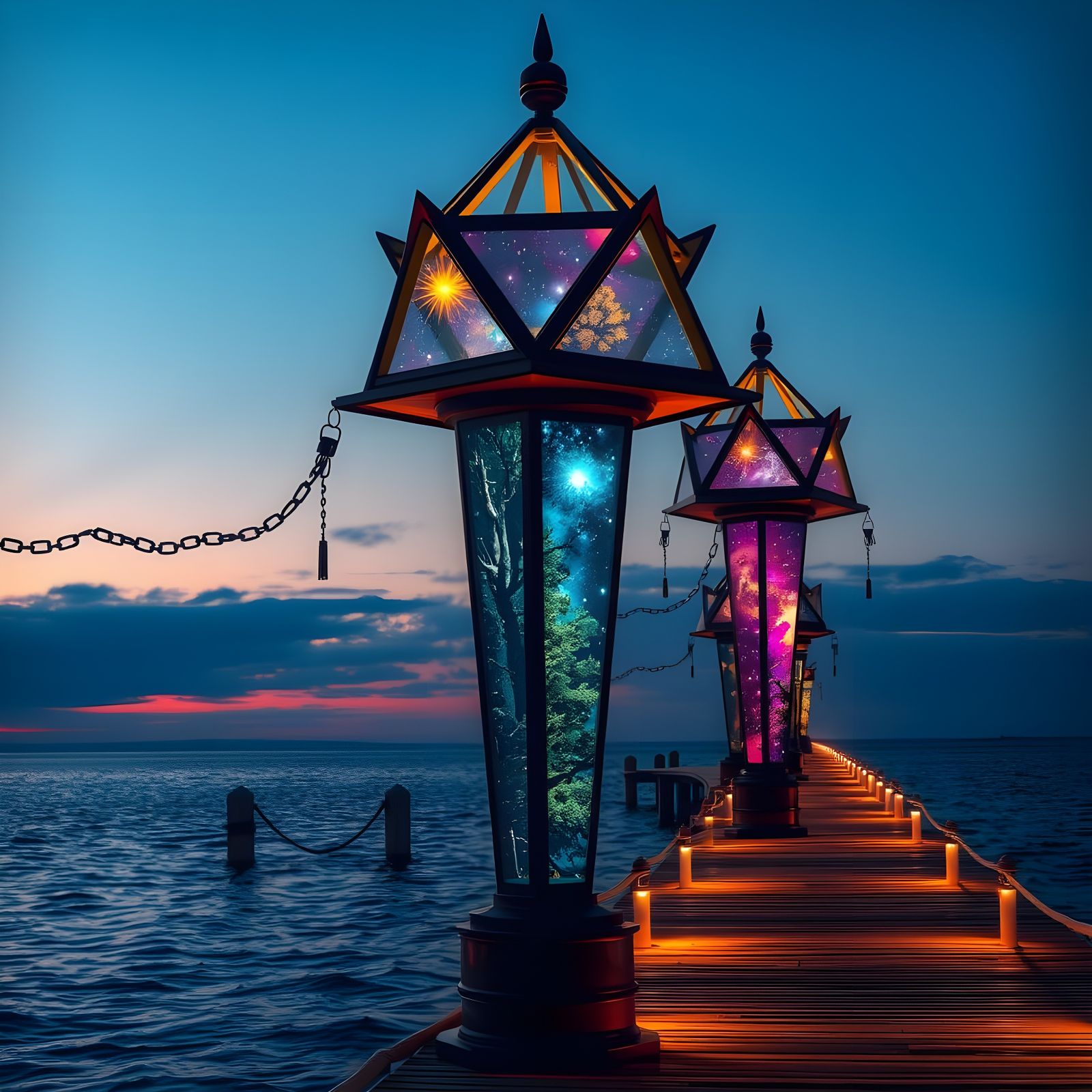 Magical Pier Lamp Posts with Galaxy and Sunset Worlds