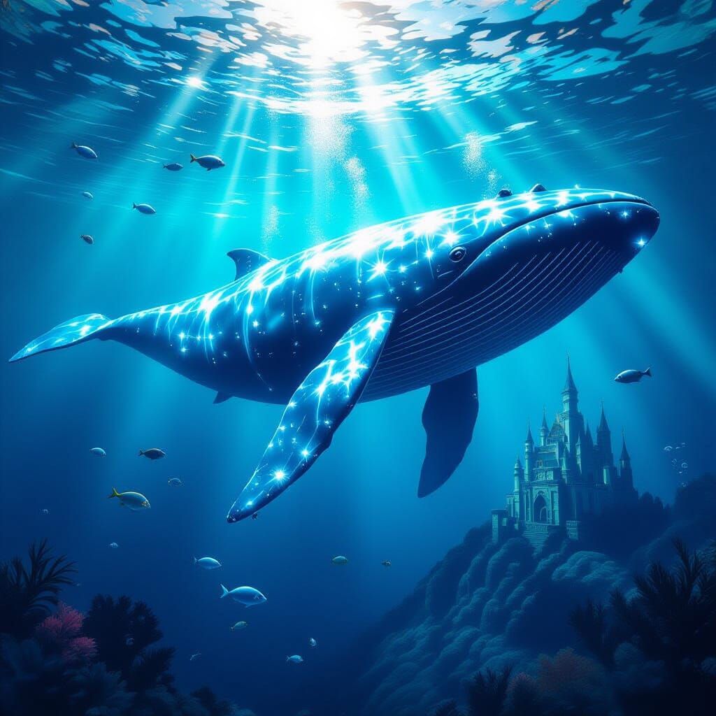Glass Whale in Bioluminescent Ocean, Photorealistic Style