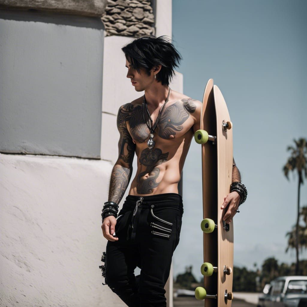 Shirtless Emo Skater with Piercings and Nail Polish