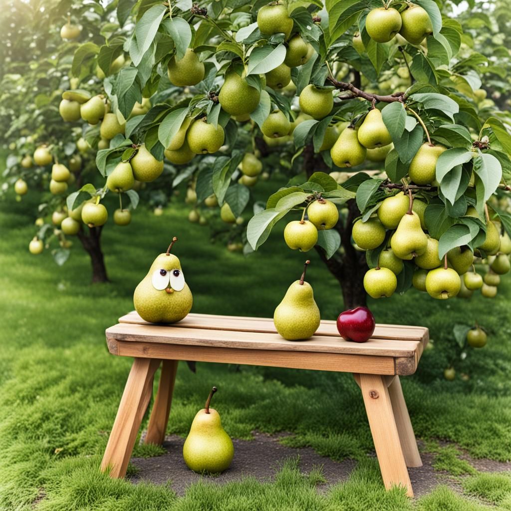 Googly-Eyed Pear in Cherry Garden