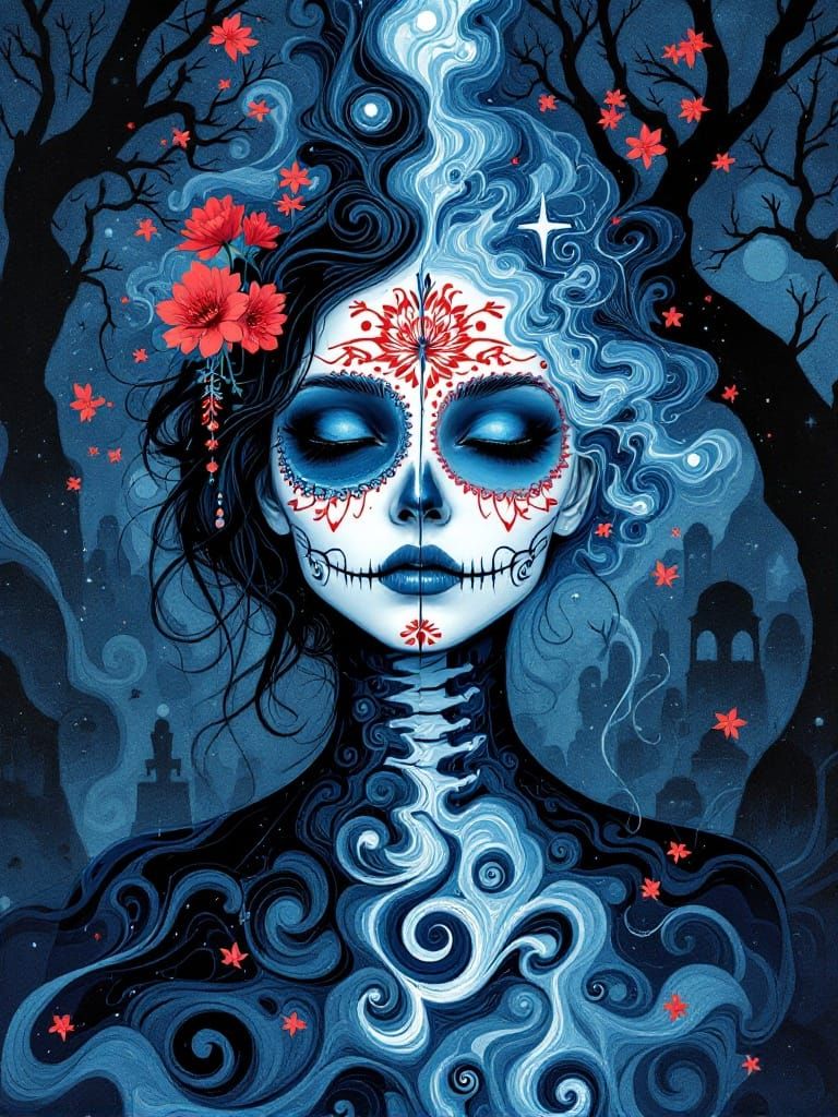 Whispers of the Moonlit Graveyard in Suminagashi Style