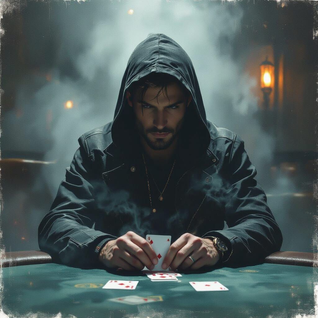 Card Shuffler in Dimly Lit Dystopian Room