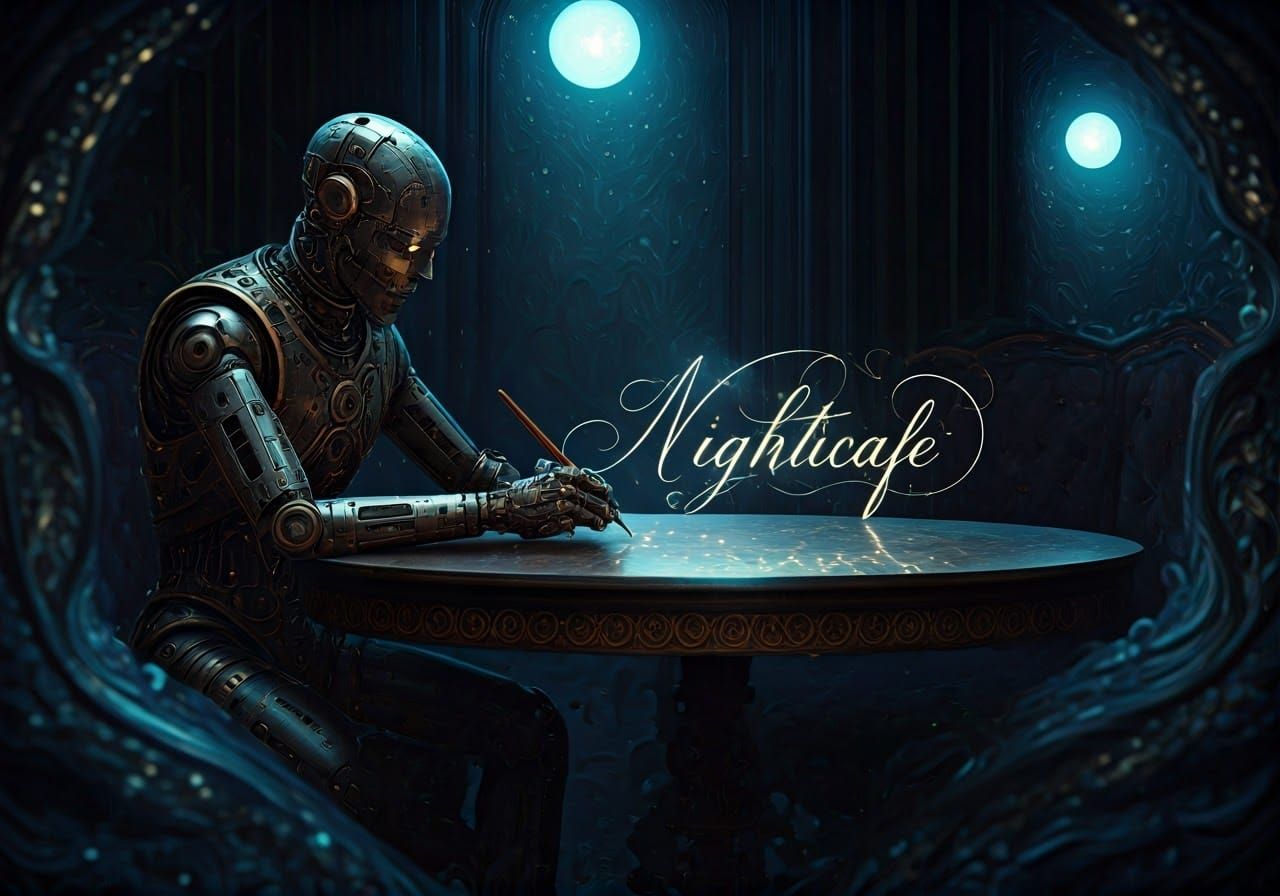 Android in Dreamlike Night Café Calligraphy Scene