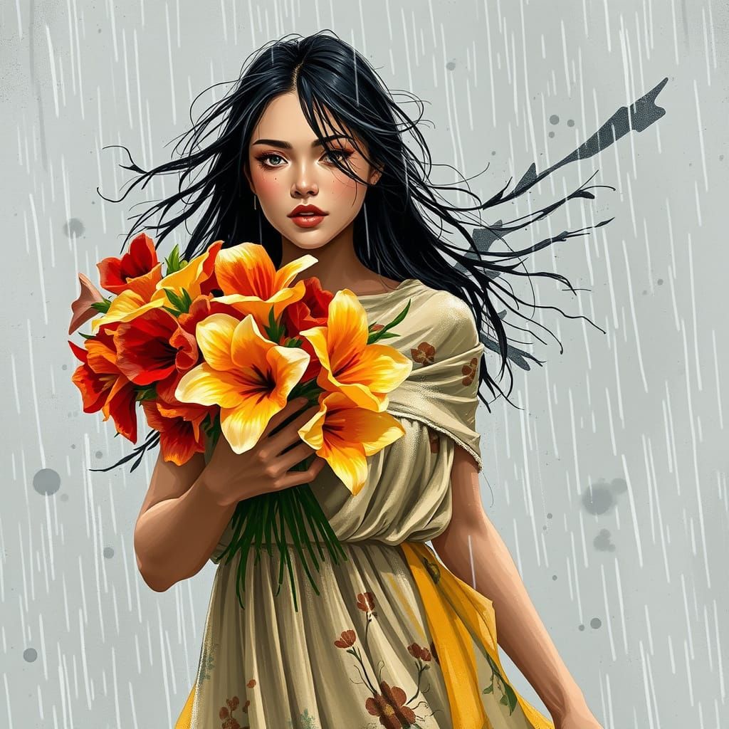 Vibrant Woman in Rainy Abstraction