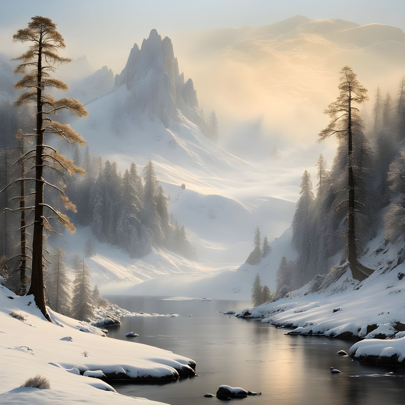 Snowy Mountain Valley in Golden Dawn Light