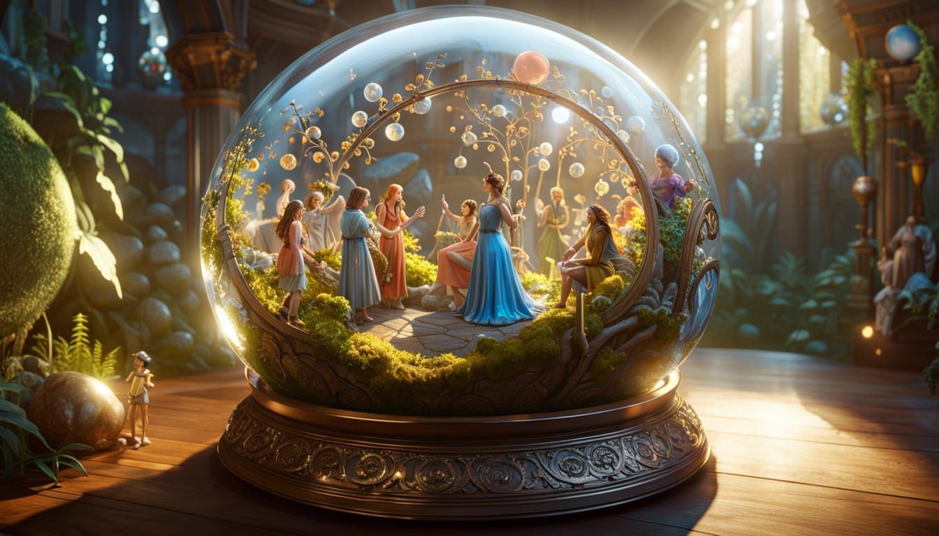 Fantasy Adventurers in Glass Sphere, Hyperdetailed 3D Render
