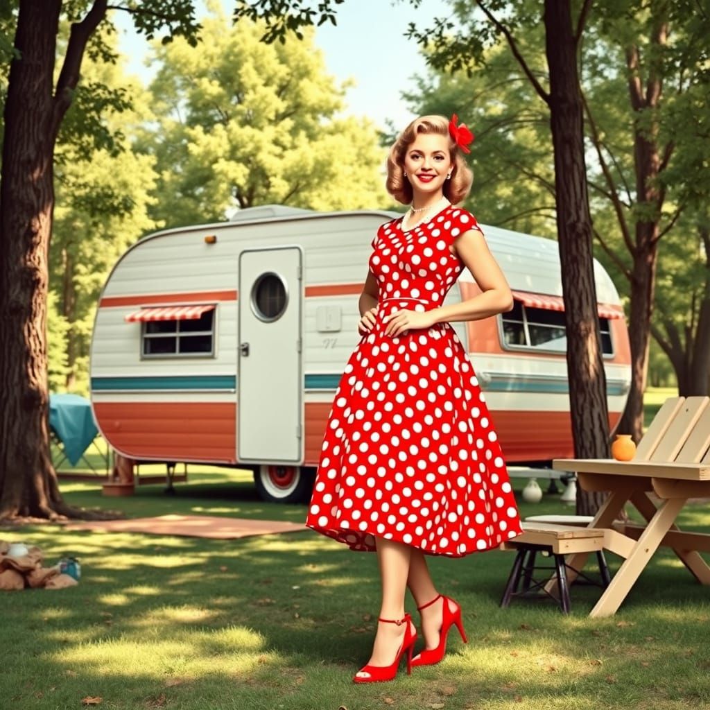 Vintage Pin-Up Girl Camping in 1950s Style