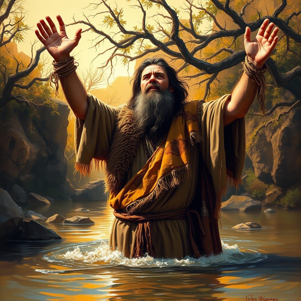John the Baptist, in the river Jordan, in furs and unkempt, the voice crying in the wilderness