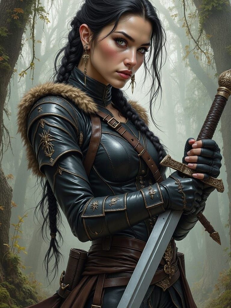 Cyberpunk Warrior Woman in Dark Fantasy Landscape