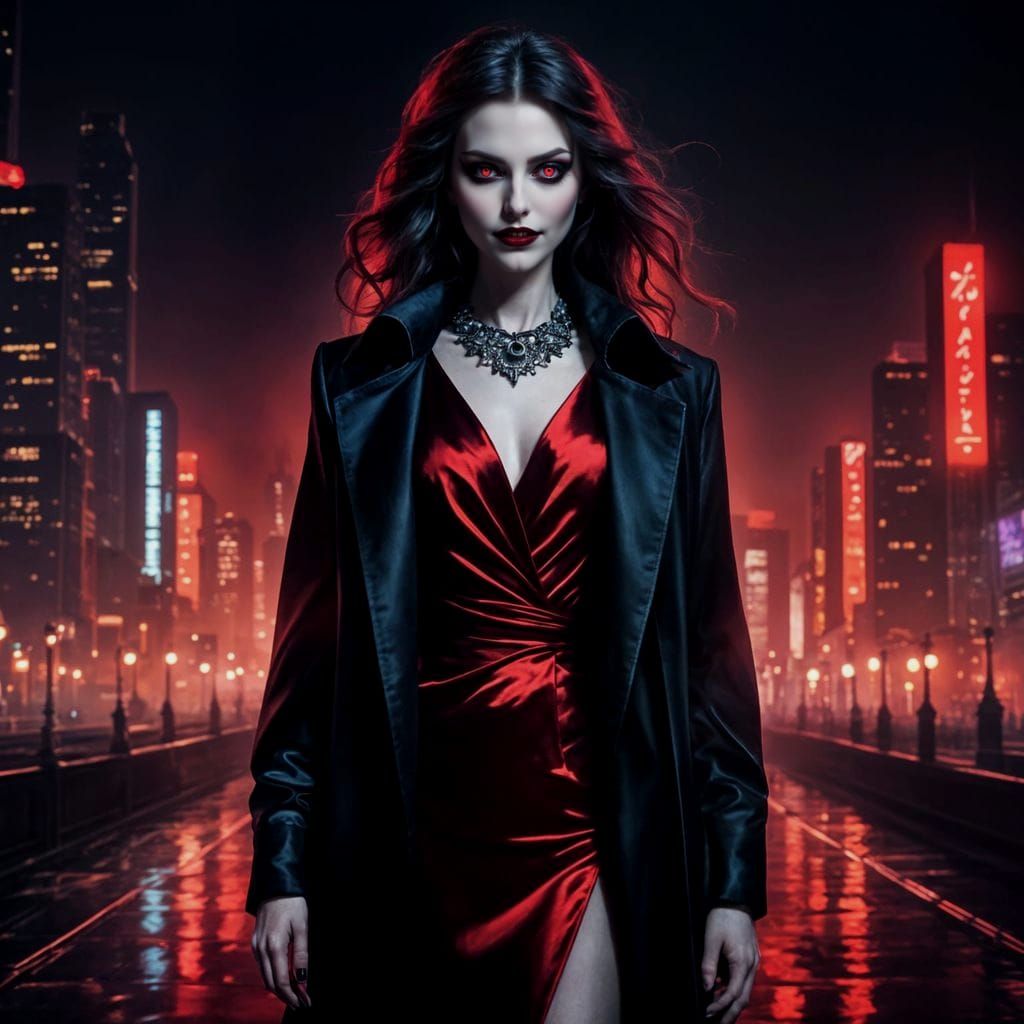 Ethereal Vampire Woman in Modern Cityscape