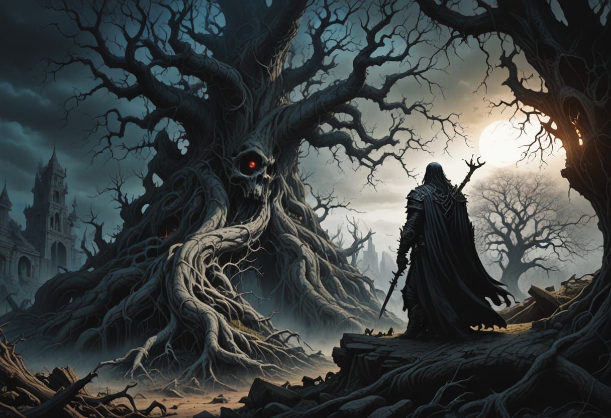 A Dark Fantasy Tree Grows Around a Sinister Symbol