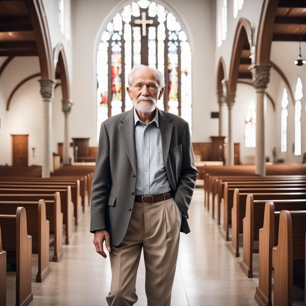 Man in Business Casual Inside Church