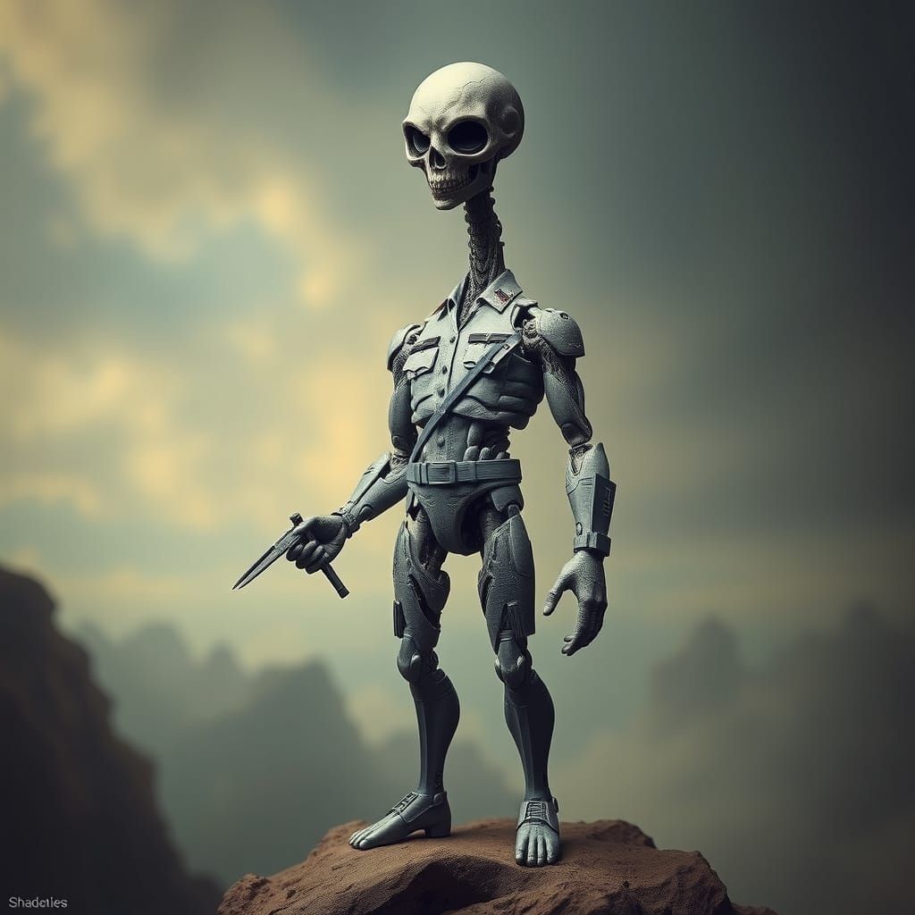 Surreal Biomechanical Sculpture with Miniature Generals