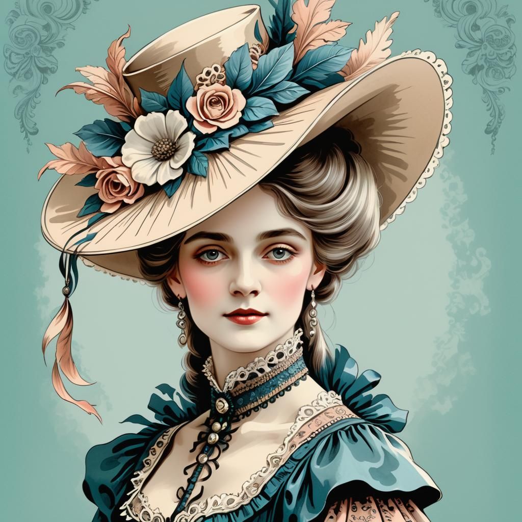Victorian Lady in Elaborate Hat Illustration