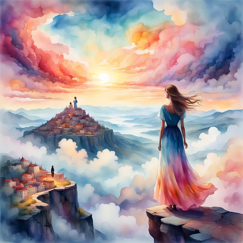 Woman Overlooking Dreamlike City in Surreal Watercolor