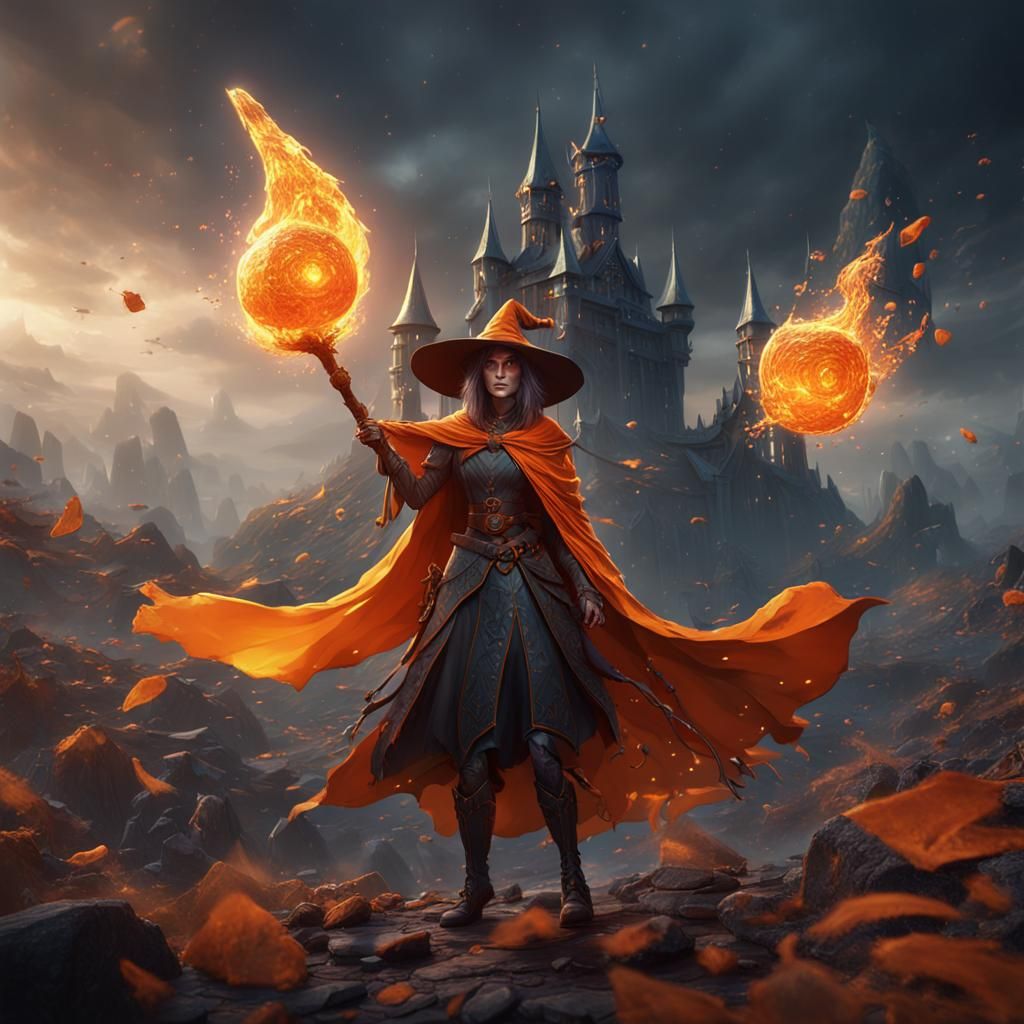 Fantastical Orange Shard Witch in Detailed Matte Painting